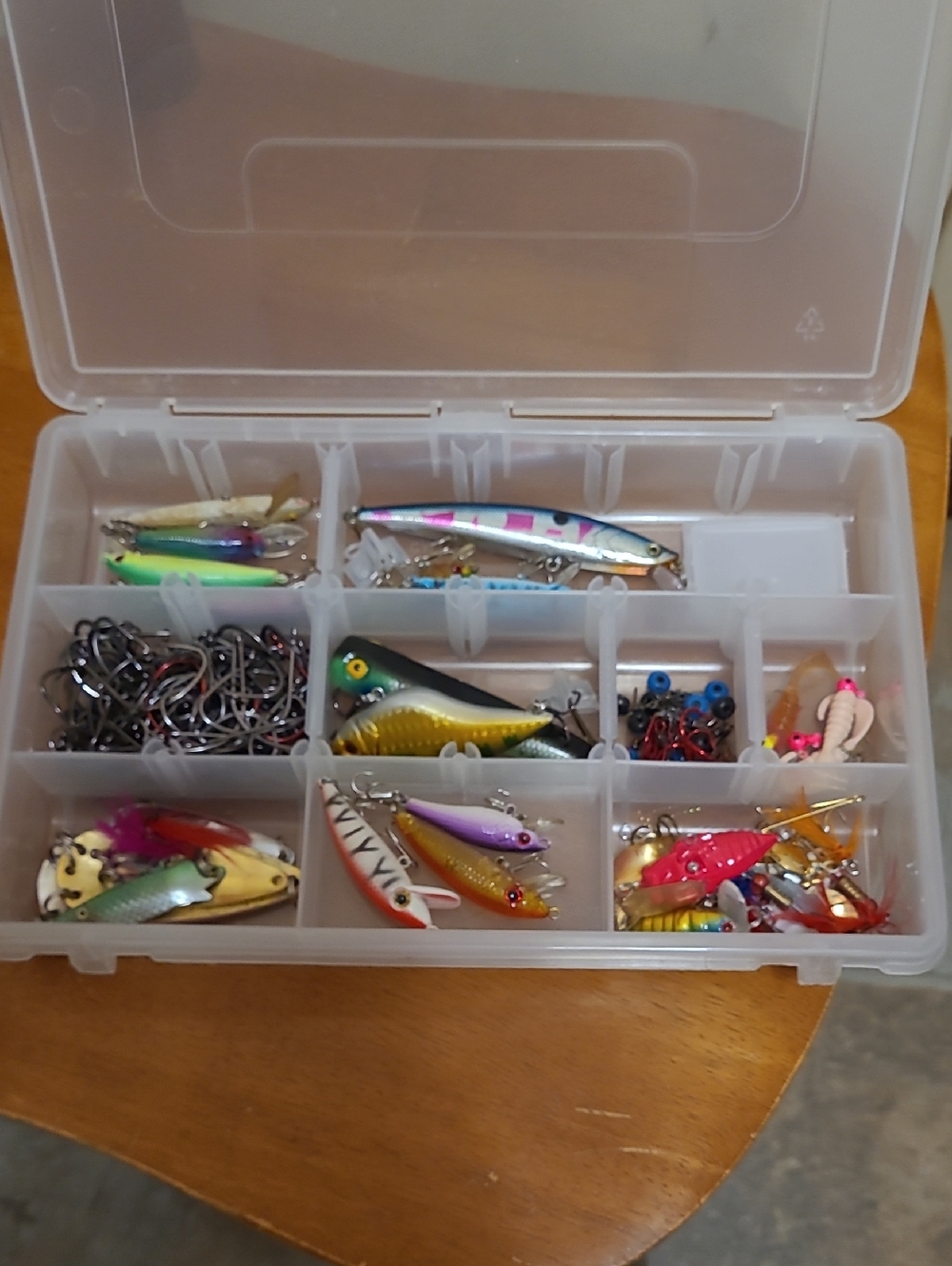 Clear Plastic Tackle Box Organizer with Full Of Lures And Hooks